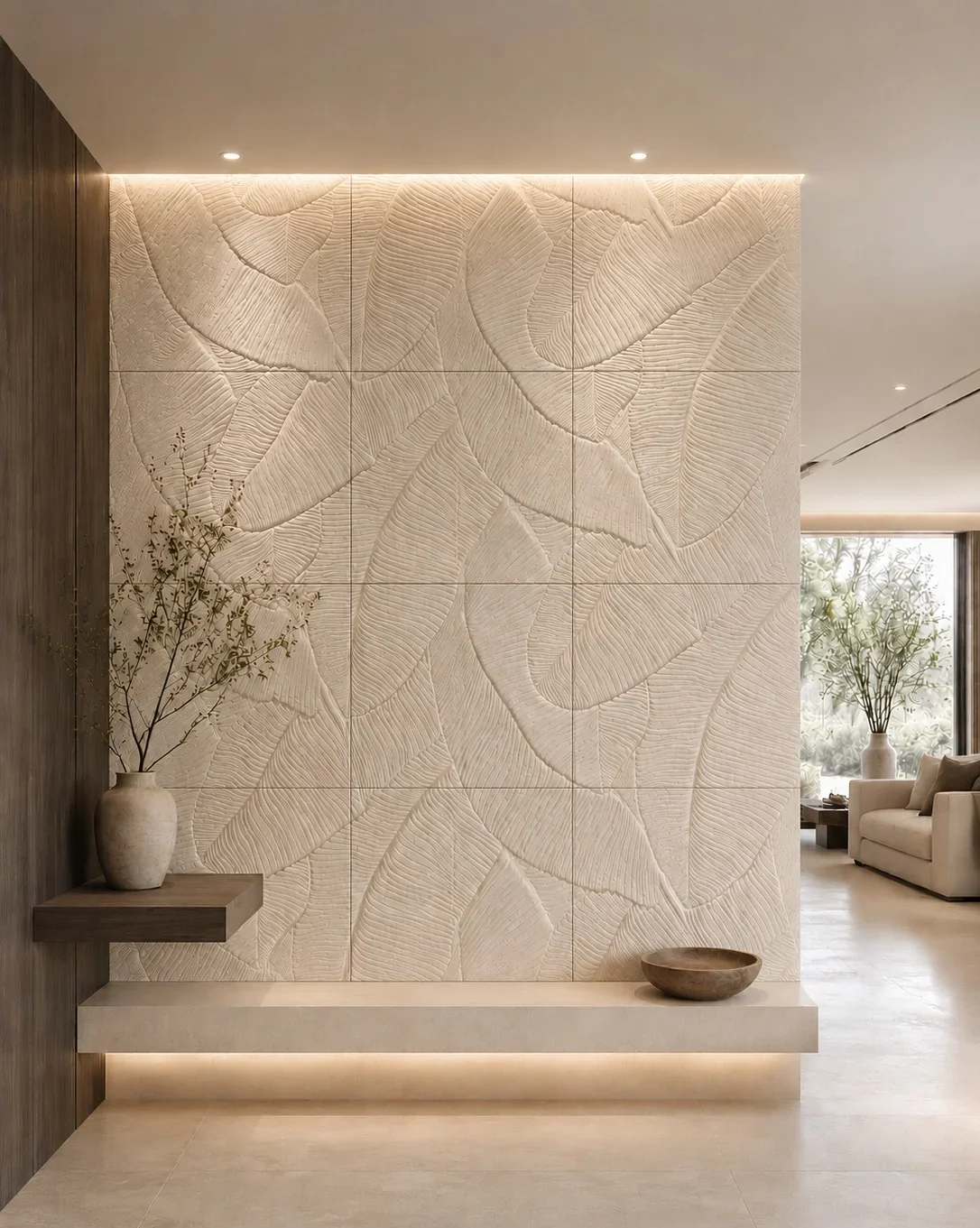 Banana Leaves - Carved Feature Wall carved in natural stone, JJM Stone Art UAE