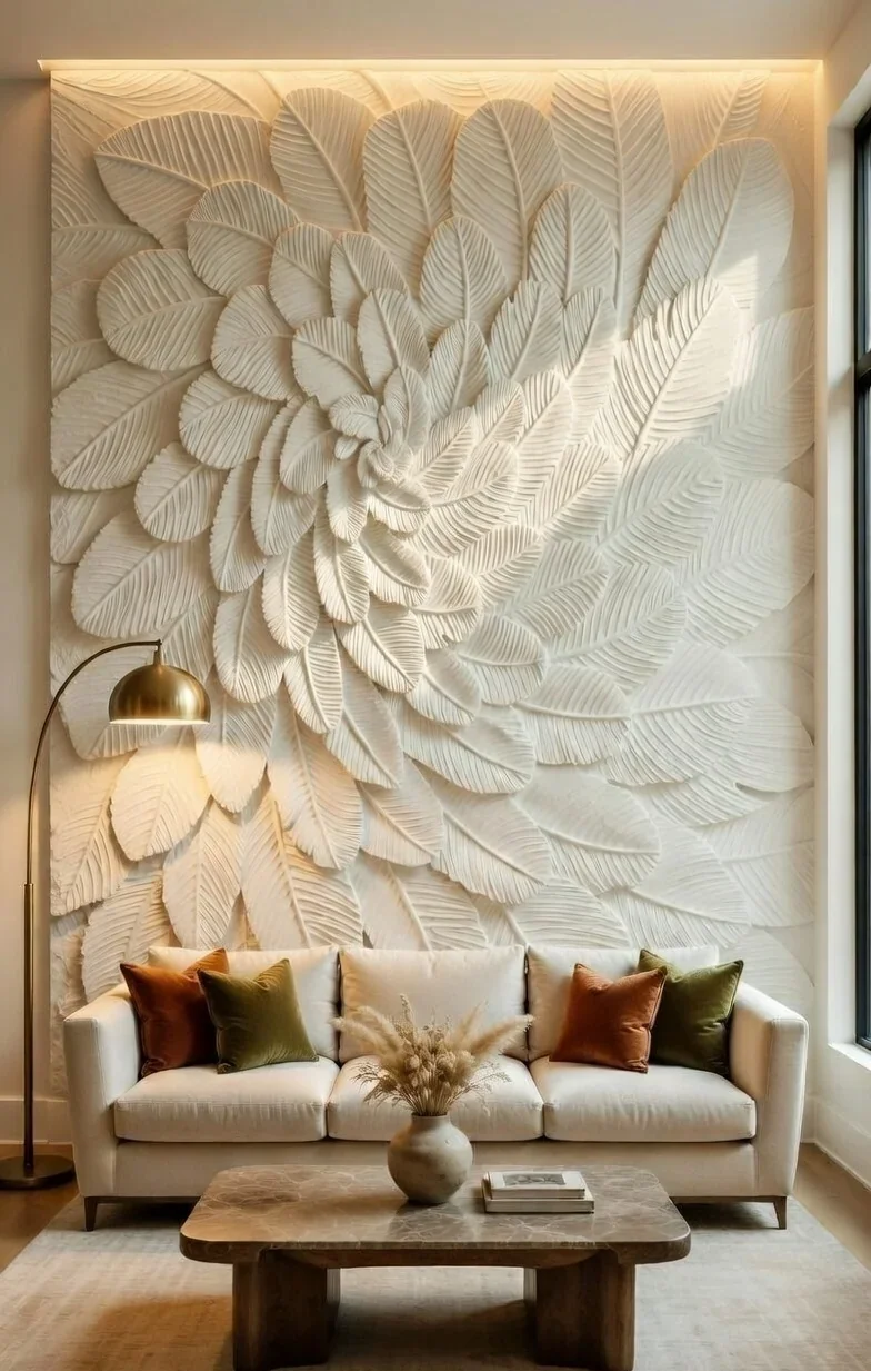 Feather - Carved Feature Wall carved in natural stone, JJM Stone Art UAE