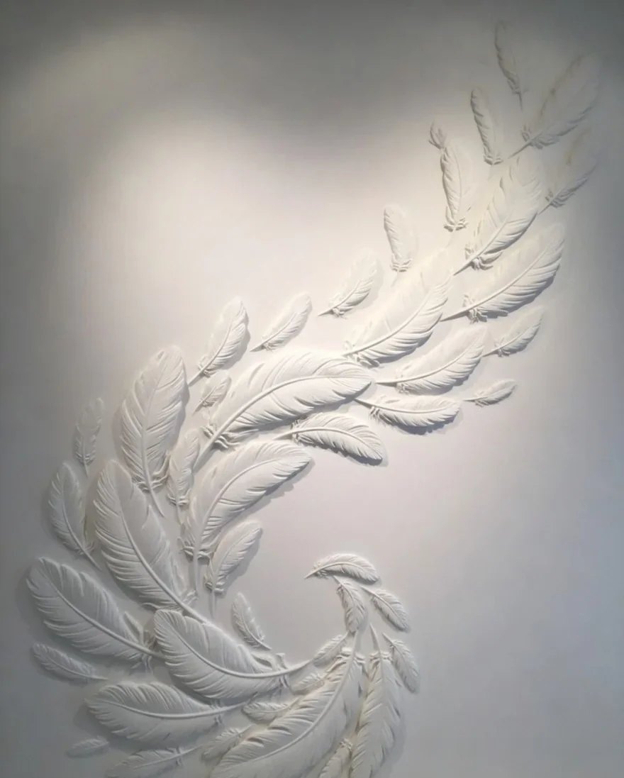 Feather 2 - Carved Feature Wall carved in natural stone, JJM Stone Art UAE