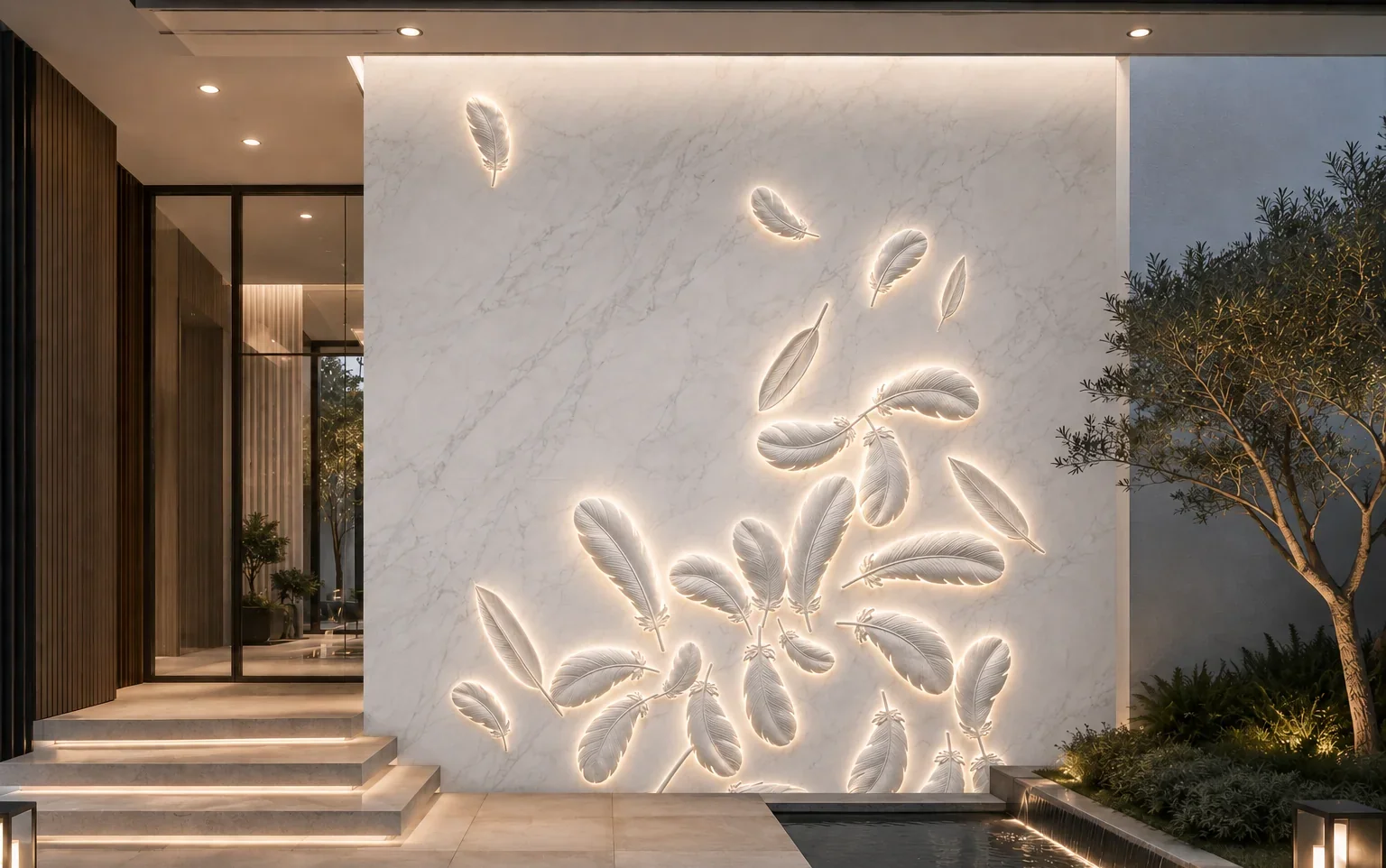 Feather 3 - Carved Feature Wall carved in natural stone, JJM Stone Art UAE