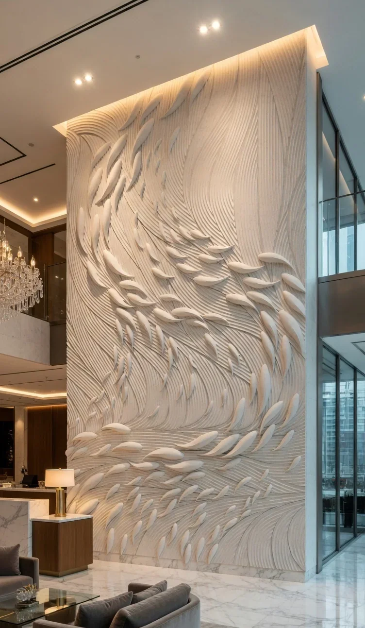 Fish Float - Carved Feature Wall carved in natural stone, JJM Stone Art UAE