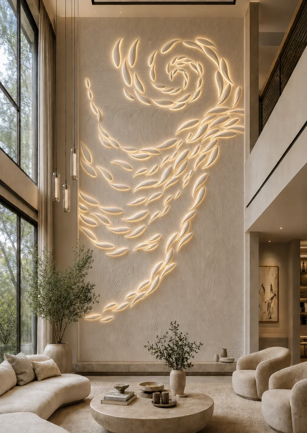 Fish Float 2 - Carved Feature Wall carved in natural stone, JJM Stone Art UAE