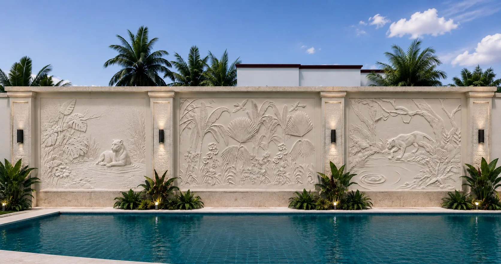 Pool Wall 1 - Pool Wall carved in natural stone, JJM Stone Art UAE