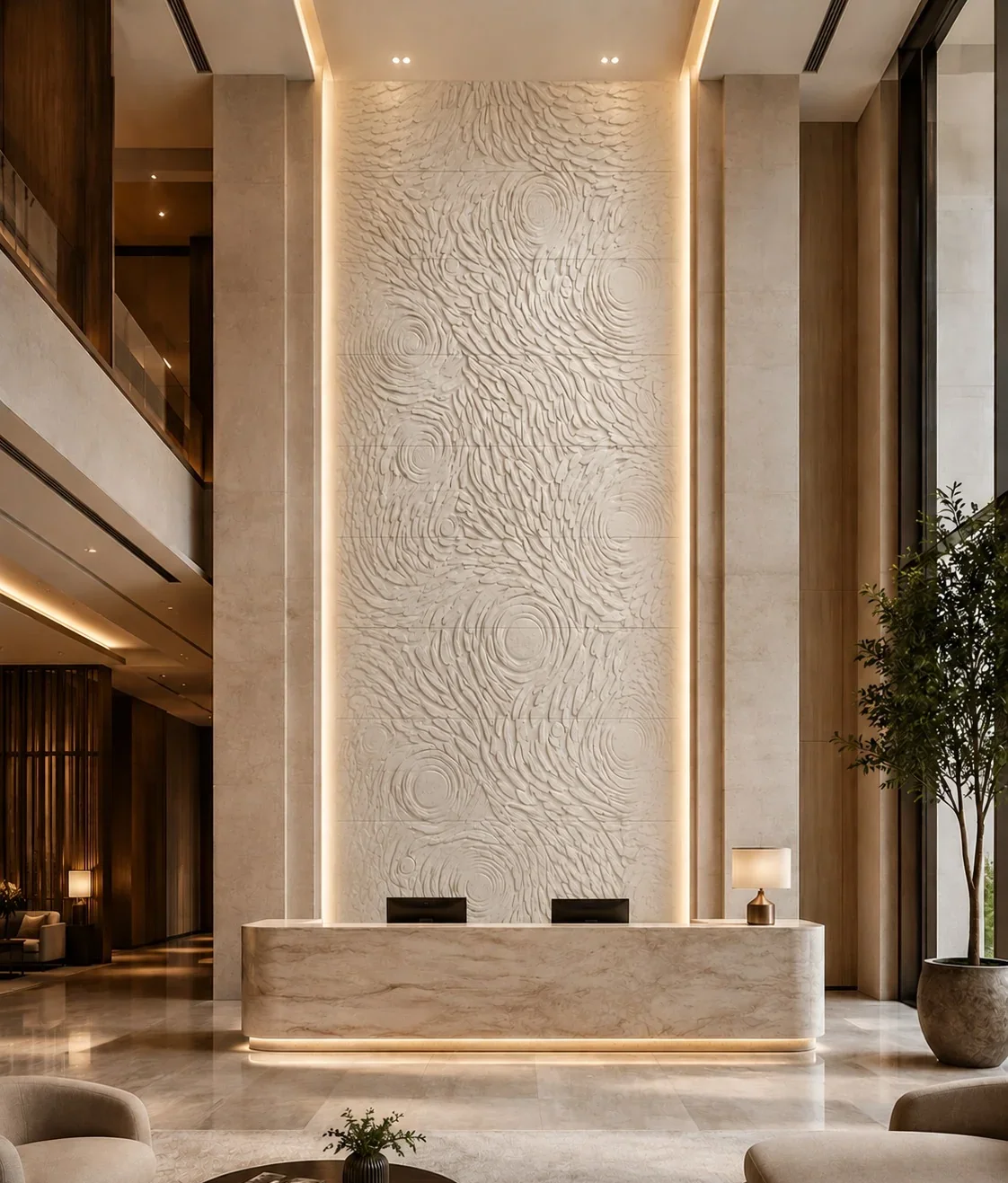 Spiral 2 - Carved Feature Wall carved in natural stone, JJM Stone Art UAE