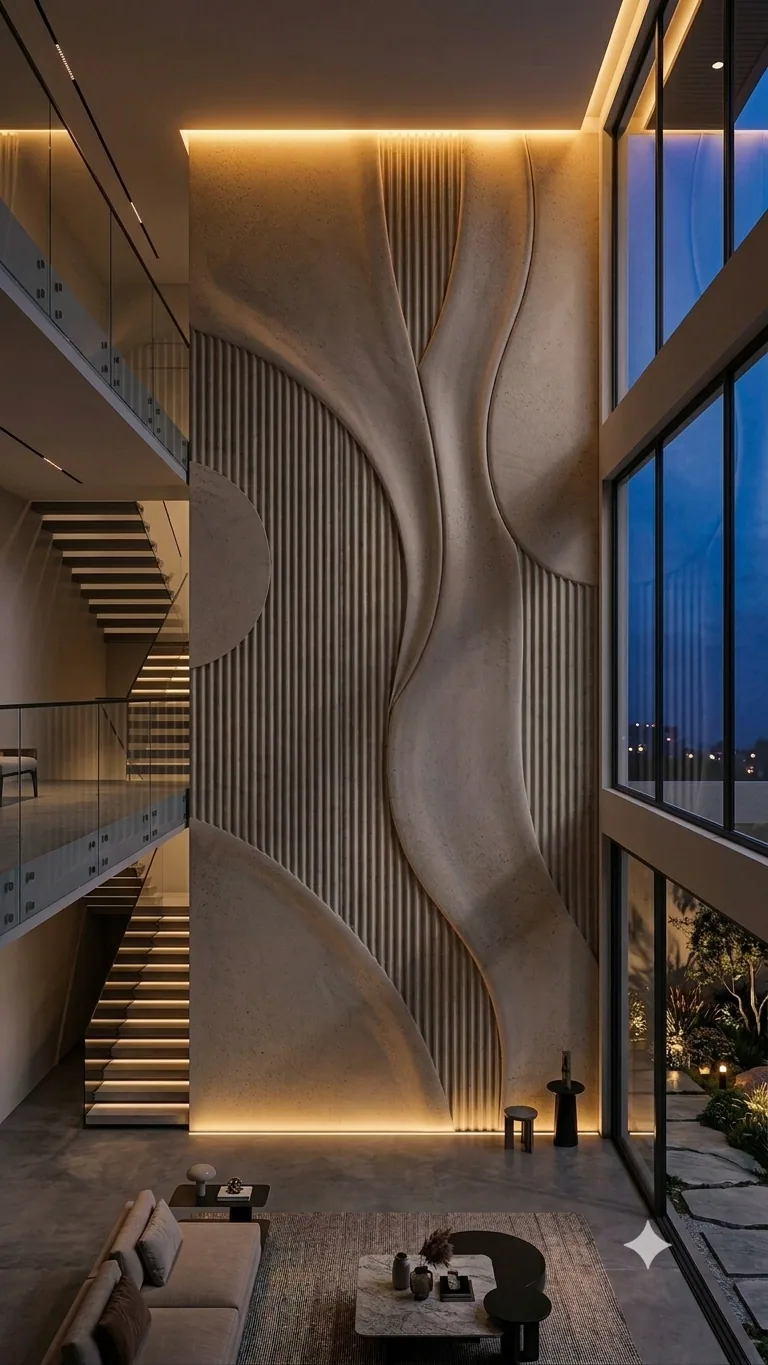 Wave 4 - Carved Feature Wall carved in natural stone, JJM Stone Art UAE